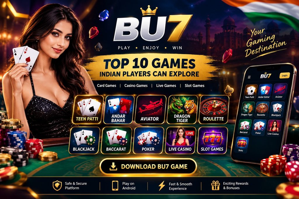BU7 Game top 10 games banner featuring Teen Patti, Andar Bahar, Aviator, Dragon Tiger, Roulette, Blackjack, Baccarat, Poker, live casino and slot games
